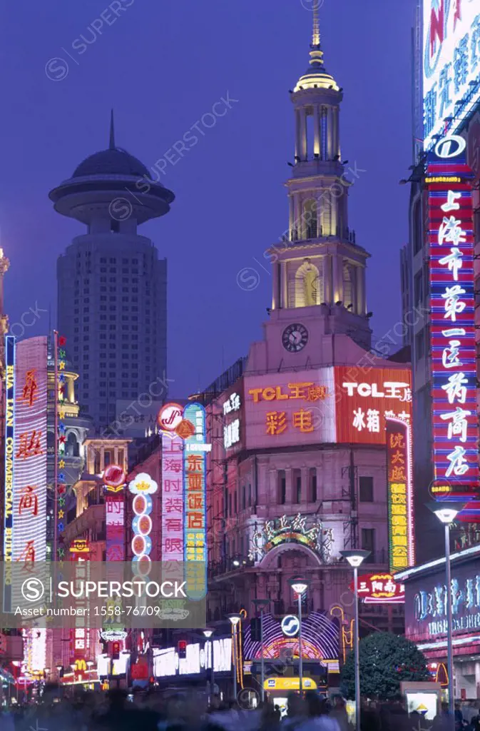 China, Shanghai, Nanjing Lu, Purchase street, buildings, neon signs, Night Asia, Eastern Asia, Nanjing street, pedestrian zone, skyscrapers, advertisi...