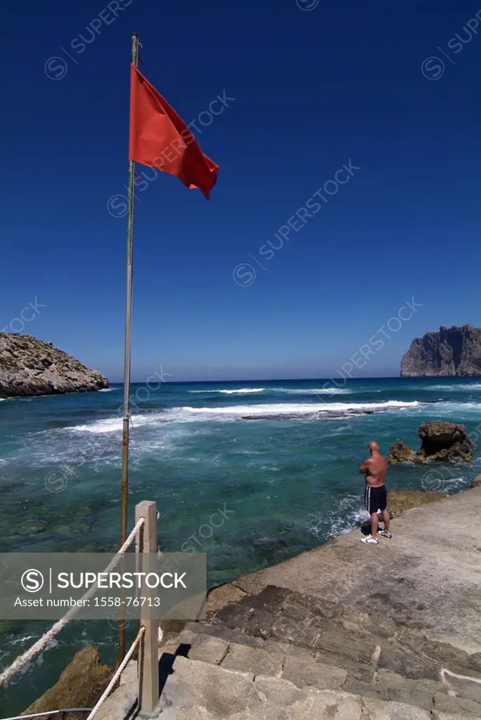 Spain, , island Majorca, Cala,  San Vicente, red flag, bath prohibition,  Tourist, view from behind, Europe, Southern Europe, Balearic Islands, sea, M...