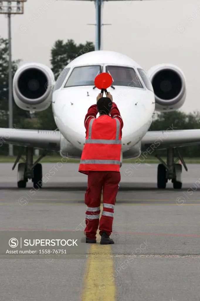 Airport, runway, airplane, pilot,  view from behind  Series, occupation, airport personnel, ground personnel, air traffic controller, whole bodies, ar...