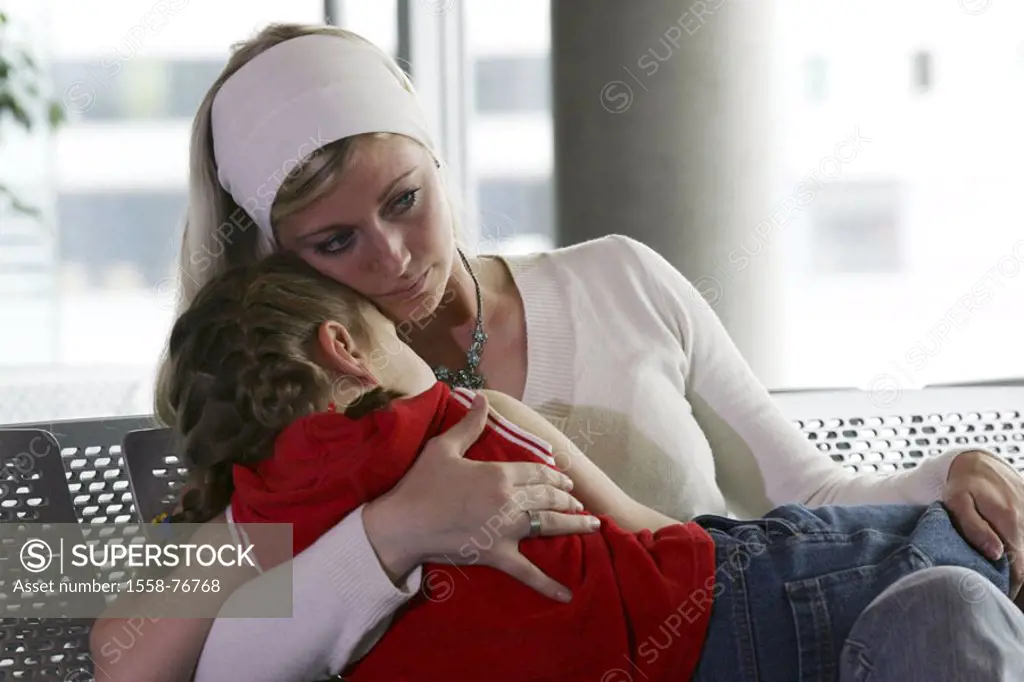 sitting attendant area, woman, daughter, holding,  nestles, serious  Mother, young, 20-30 years, child, girls, 5 years, expression, cuddles procured, ...