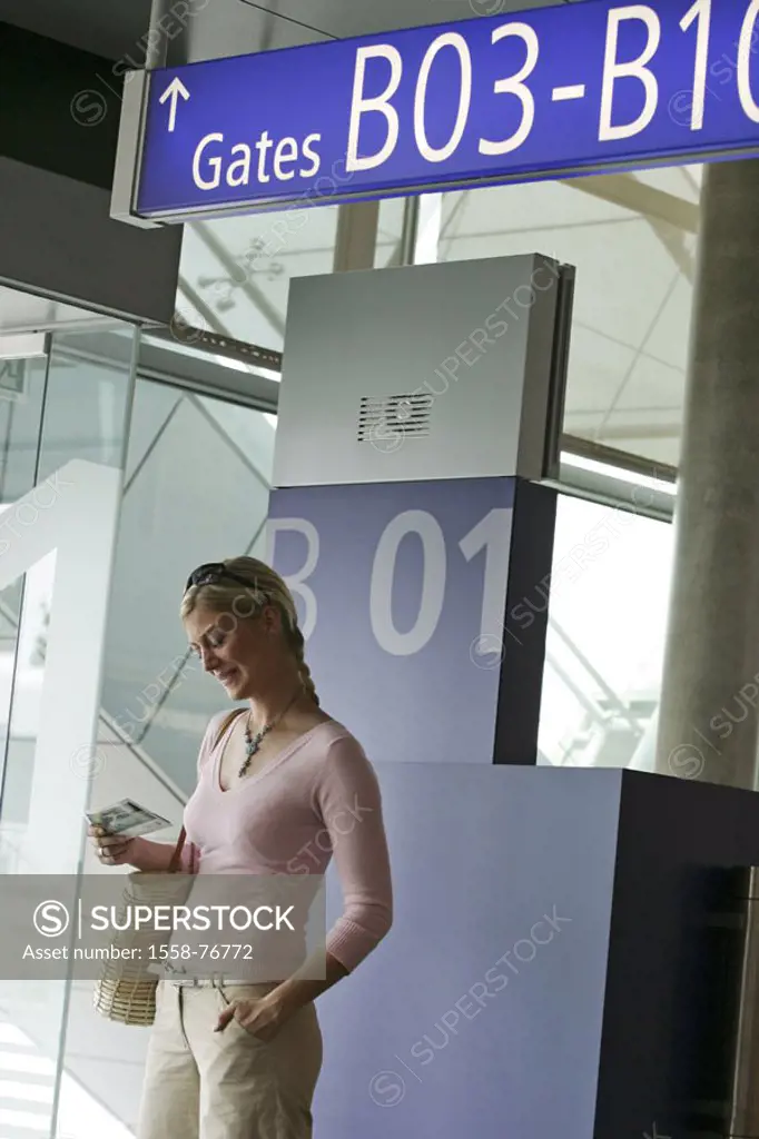Airport terminal, woman, young,  Gaze, Flugticket,  20-30 years, blond, smiling, cheerfully, sun glass ticket airport, terminal, attendant area, trip,...