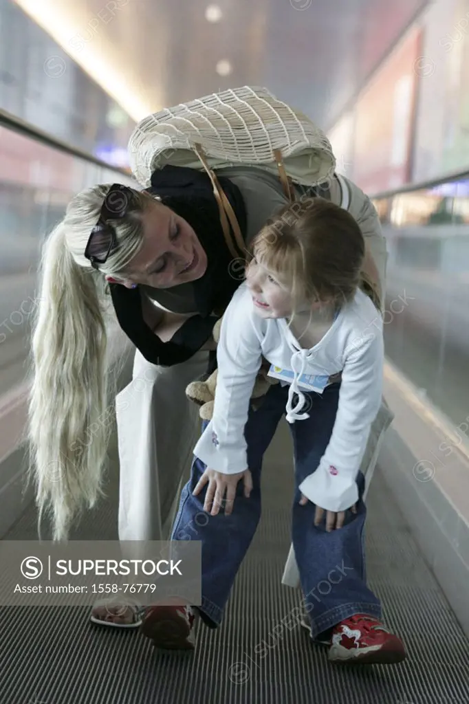 Airport terminal, Rollband, mother,  Daughter, stand, fun  Series, airport, terminal, conveyor belt, transportation, woman, young, 20-30 years, girls,...