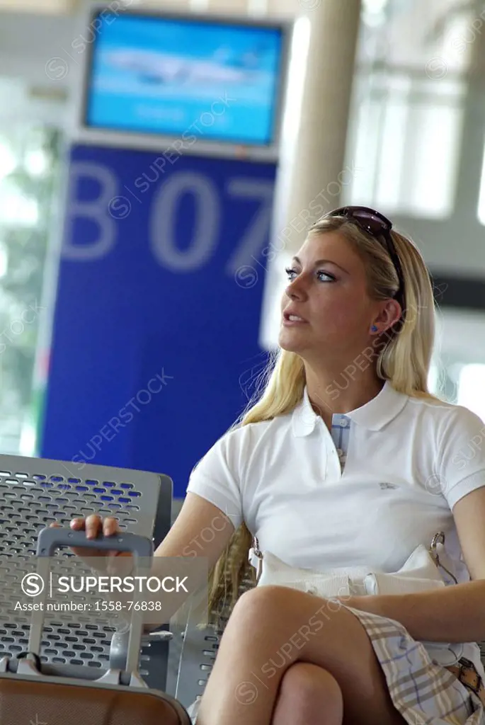 Airport terminal, attendant area, woman,  sitting  Airport, terminal, gate, travelers, young, 20-30 years, blond, long-haired, sun glass, miniskirt, s...