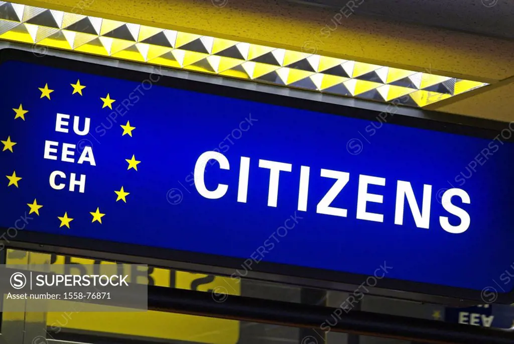 Airport terminal, sign,  Citizenship, EC, EEA, CH,  Fughafen Luxembourg, Findel, terminal, sign, blue, hint, origin, country of origin, countries of o...