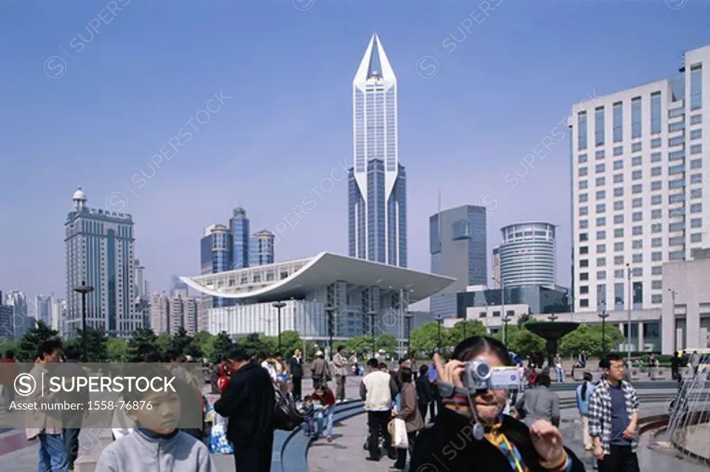 China, Shanghai, Renmin Square, Tourists, Grand theaters, skyscrapers  Asia, Eastern Asia, Renmin Guang Chang, buildings, constructions, opera house, ...