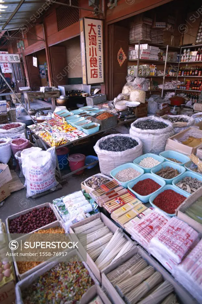 China, province Yunnan, Lijiang, old town, business, sale, food,   Asia, Eastern Asia, market, market stand, sacks, receptacles, Seasoning, vegetables...