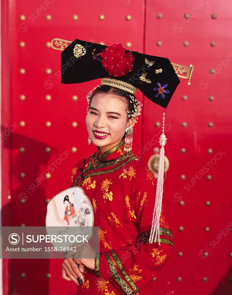 China, Peking, woman, Nationaltracht, cheerfully, detail,   Asia, Eastern Asia, natives, Chinese, young, traditional costume, folklore clothing, cloth...
