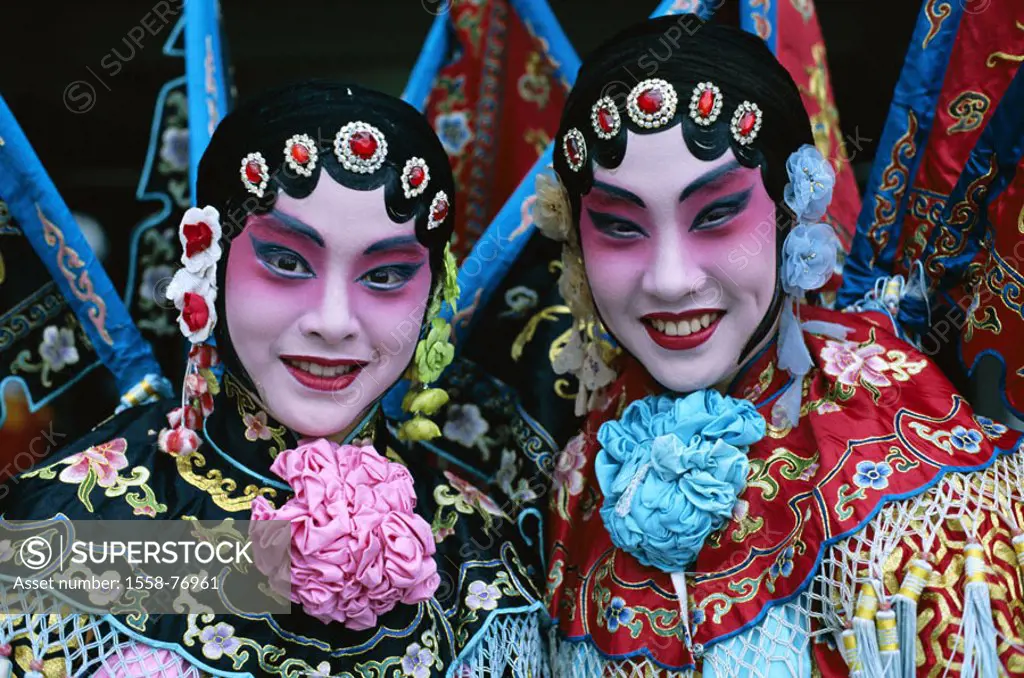 China, Peking, Peking opera, actors, Outfits, portrait,  Asia, Eastern Asia, opera, opera actors, artists, two, face painting, made up headdress, gaze...