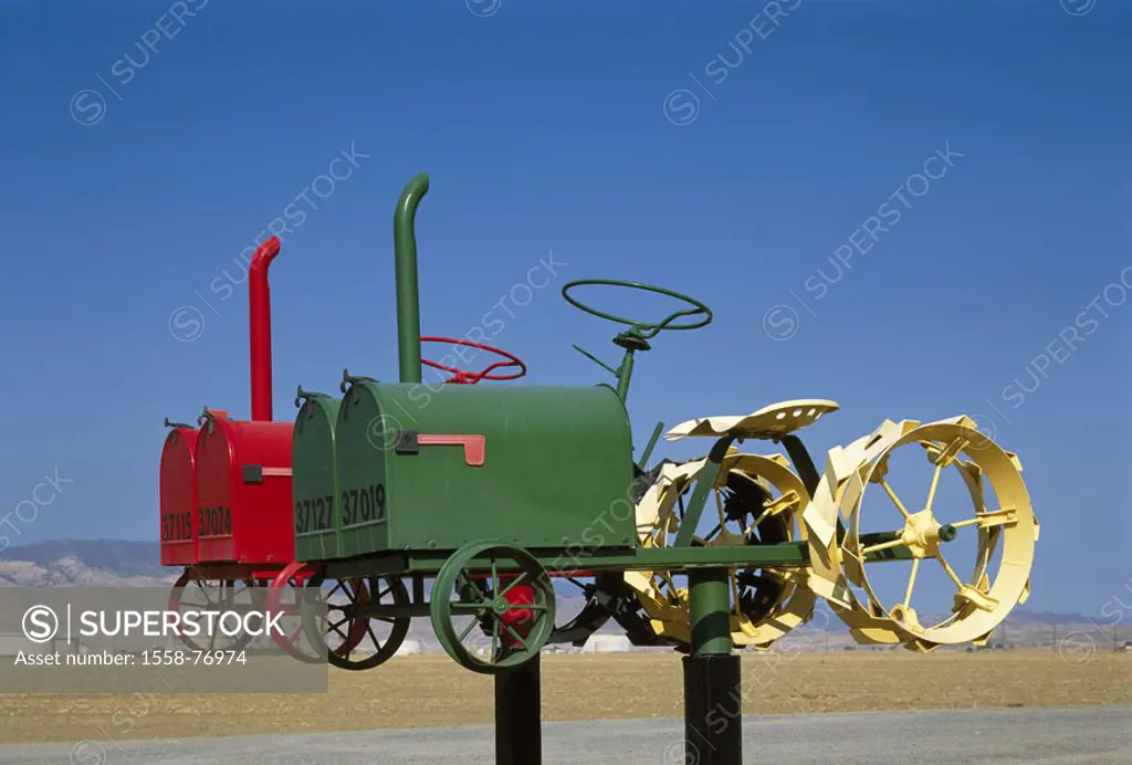 USA, Californien, mailboxes, ´tractors,´   North America,  United States of America, ingenuity, idea, exceptionally, cleverly, symbol, agriculture, co...