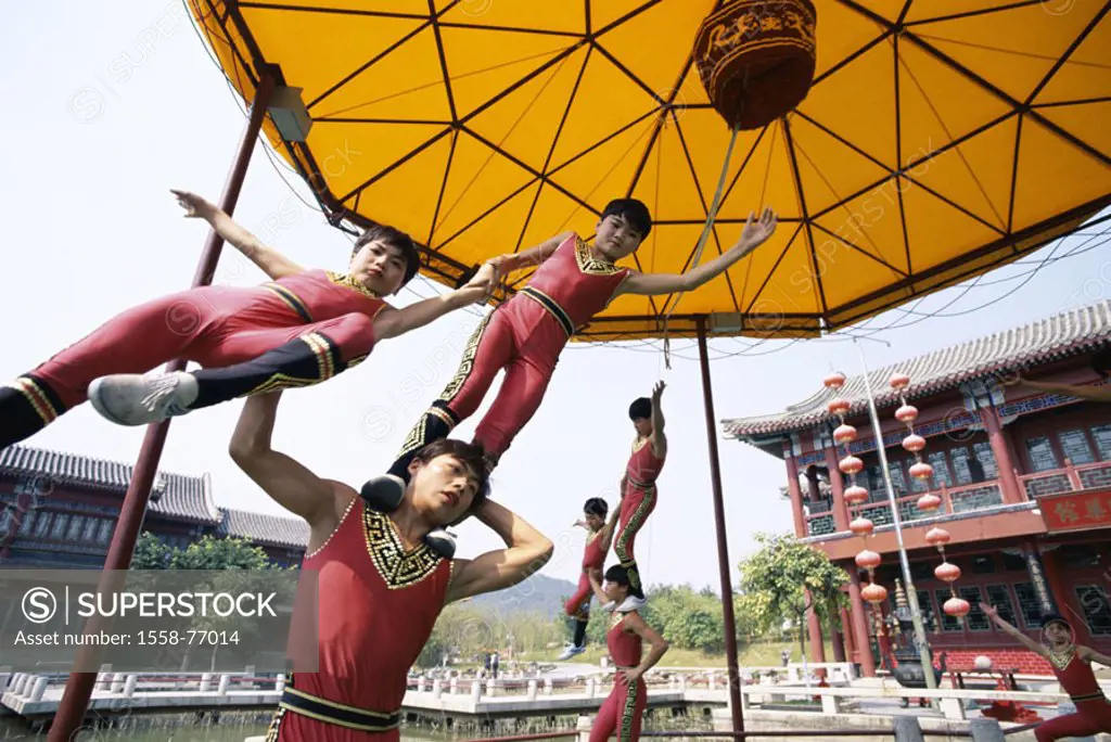 China, Shanghai, acrobats, Human pyramid, movement, Asia, Eastern Asia, teenagers, stand, carries, mutually, concentration, movement, balance, skill, ...