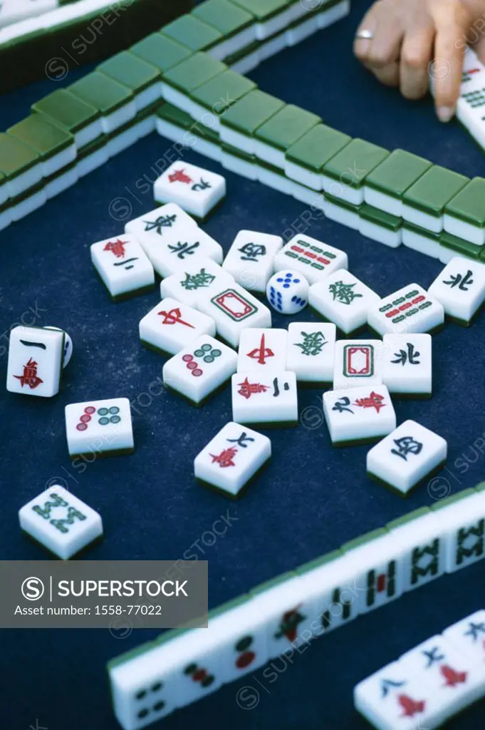 Card table, Mahjong-Steine, detail   Game, parlor game, Mahjong, stones, signs, Numbers, casual game, casual activity, pastime,  Activity, conversatio...