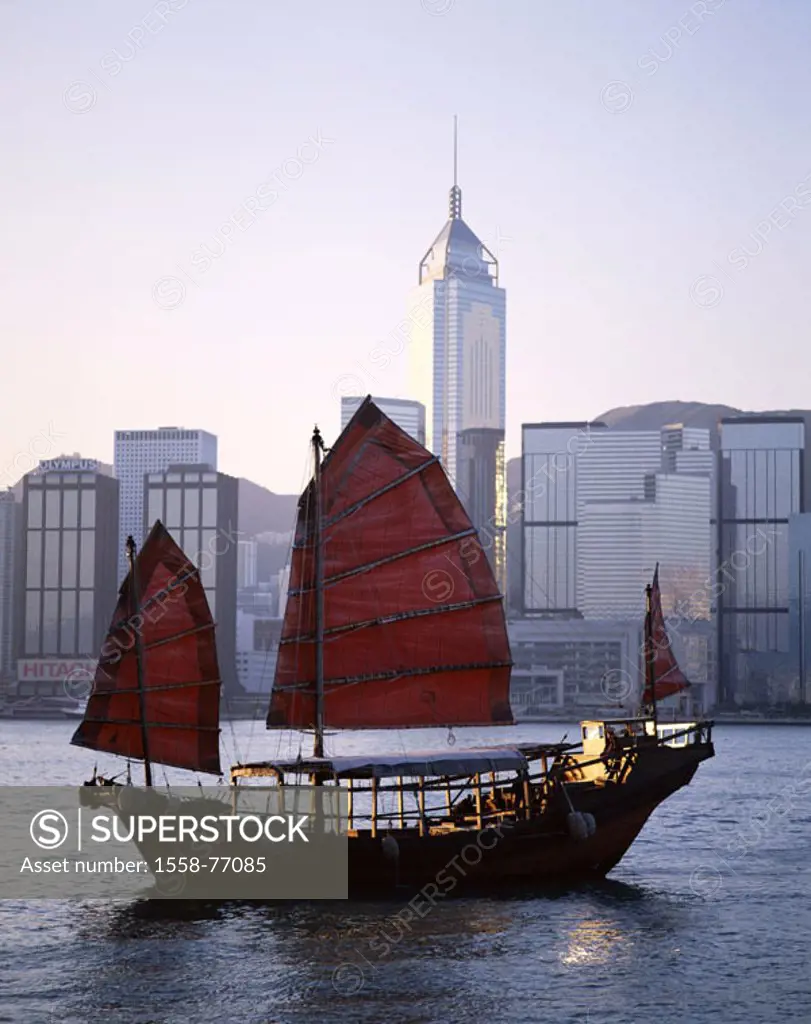 China, Hong Kong, skyline,  Junk  Port, view at the city, skyscrapers, sea, Victoria Harbour, ship, sailboat, cityscape,