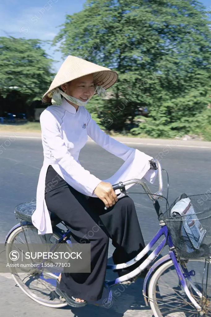Vietnam, Mekong delta, Can Tho, Schoolgirl, straw hat, bicycle Southeast Asia, natives, girls, student, Woman, young, Vietnamese, cyclist, clothing ´A...