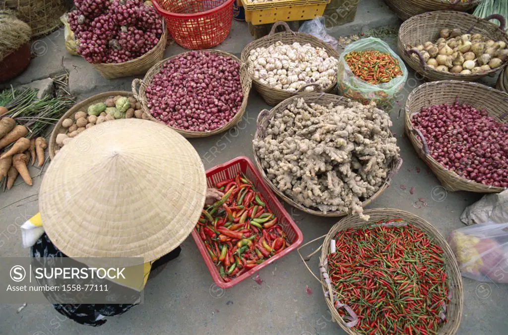 Vietnam, Ho-Chi-Minh-Stadt, Ben Thanh Market, baskets, seasoning, vegetables, Market woman, straw hat, from above Asia, southeast Asia, Saigon, centra...