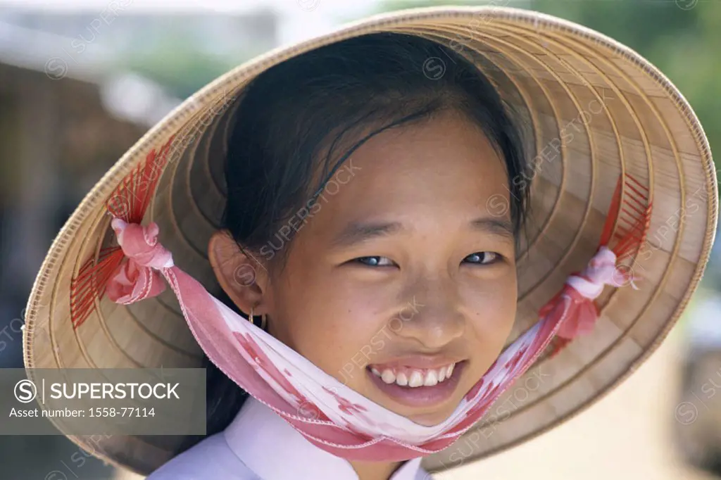 Vietnam, Ho-Chi-Minh-Stadt, girls, Straw hat, smiling, portrait  Asia, southeast Asia, Saigon, child, teenager girls, Hat, sunhat, headgear, gaze came...