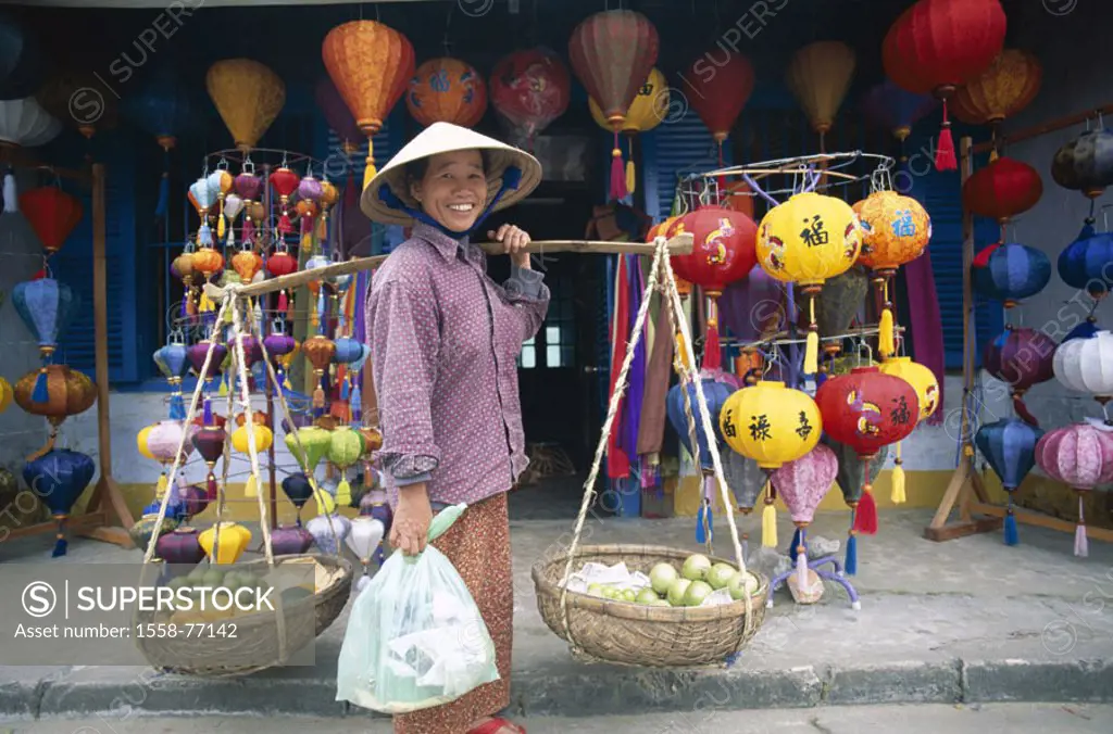 Vietnam, Hoi An, Vietnamese, Straw hat, stretcher rack, baskets,  Half portrait Asia, southeast Asia, Vietnamese, woman, senior,  Headgear, hat, load,...