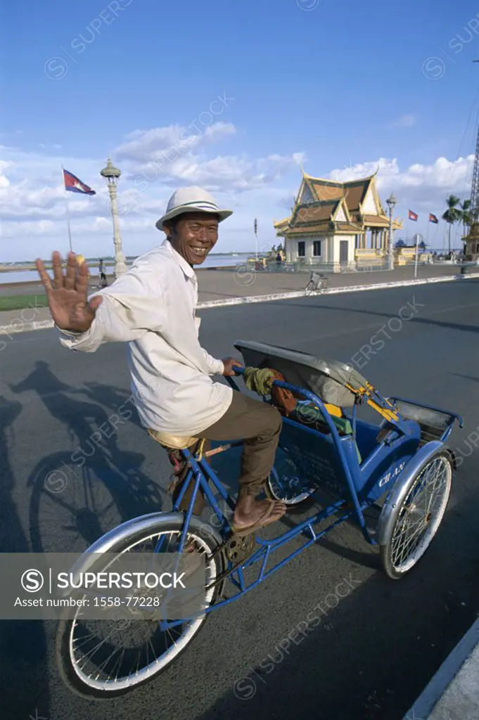 Cambodia, Phnom Penh, Rikscha-Fahrer, waves Asia, southeast Asia, street, man, native, hat, Headgear, laughing, drives cheerfully, Fahrrad-Rikscha, tr...
