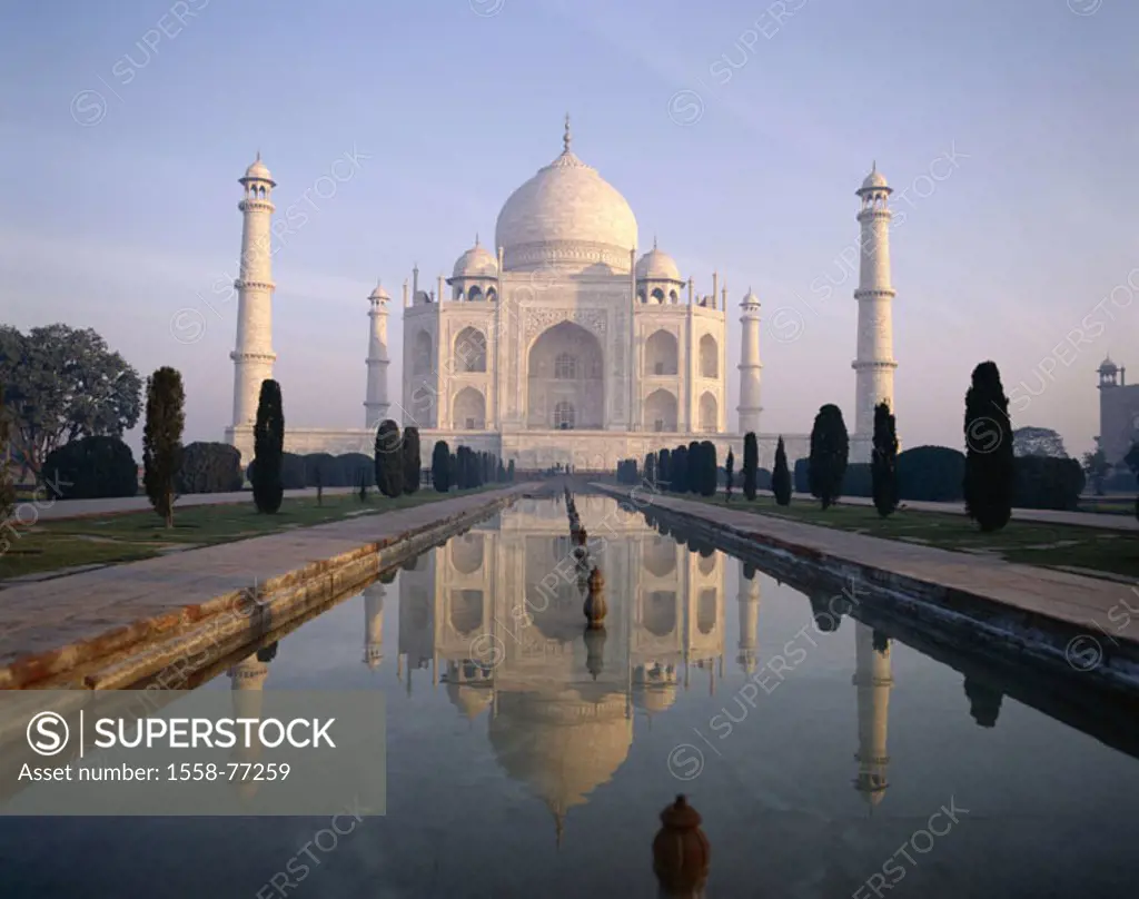 India, Agra, Taj Mahal, park, Basins, reflection,  Asia, South Asia, North India, Uttar Pradesh, mausoleum, approximately 1648, onion dome, 58 m high,...