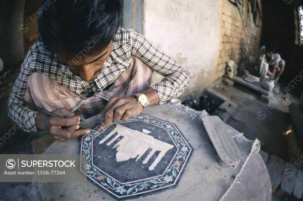 India, Agra, craftspersons, plates, Inlay, Taj Mahal, Asia, South Asia, North India, Uttar Pradesh, native, workers, craft, handicraft, man-made, hand...