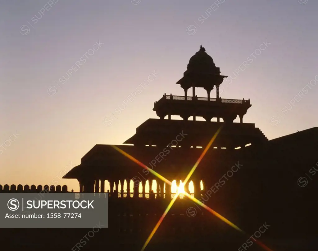 India, Fatepur Sikri, silhouette, Buildings, sunset,  Asia, South Asia, North India, Uttar Pradesh, close to Agra, construction, temples, belfry, arch...
