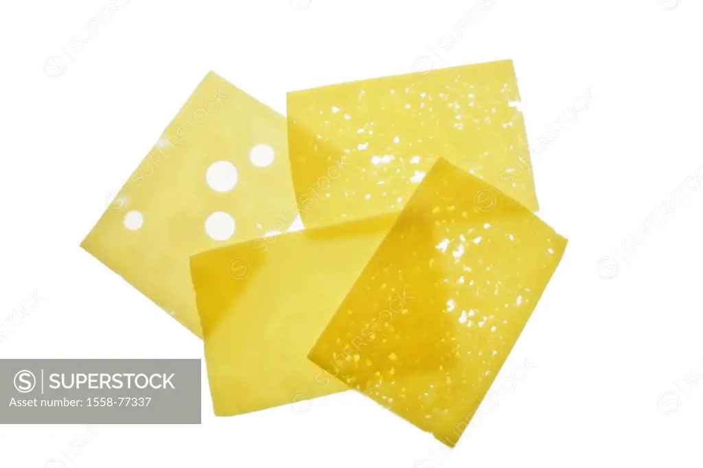 Cheese disks, holes,   Food, cheese, cheese cold cuts, cold cuts, hard cheese, cheese kinds, differently, Emmentaler, Tilsiter, disks, pestered cut, b...