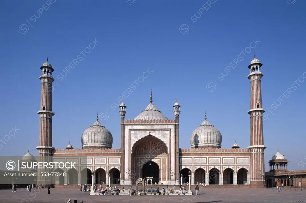 India, Delhi, Jama Masjid,  Forecourt, visitors,  Asia, South Asia, North India, on Fridays mosque, mosque, masterly 1658, construction, architecture,...