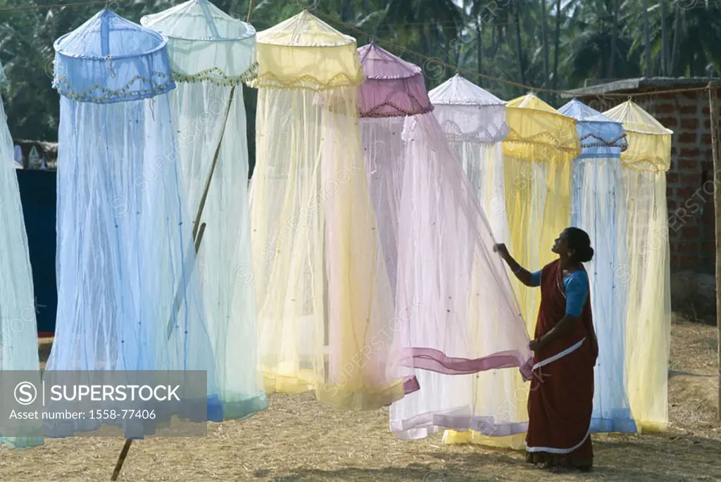 India, Goa, Anjuna, market, Indian, Exhibition, mosquito networks, pussy  Asia, South Asia, market, woman, dealer, natives, Clothing traditionally, ec...