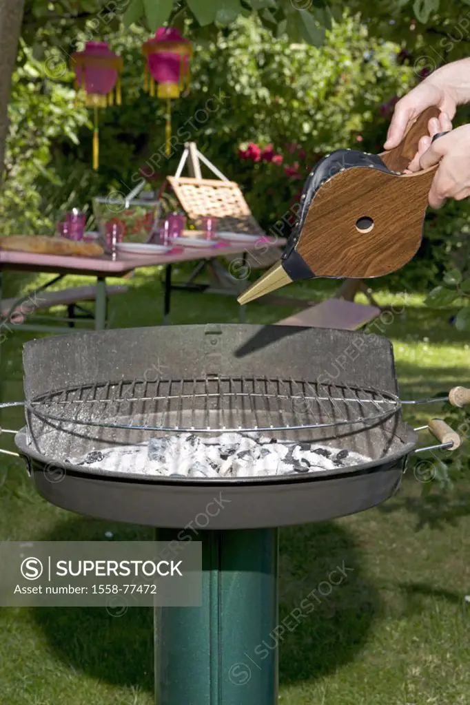 Garden, grill, man, detail, hands,  Bellows  Series, summer, leisure time, weekend, closing time, barbecue, garden party, summer party, grill party, c...