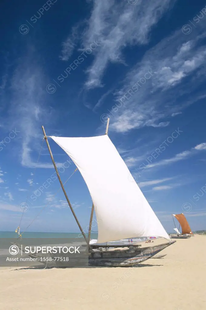 Sri Lanka, Negombo, sandy beach, Outrigger boats  Asia, South Asia, island, West coast, beach, beach, Boats, fisher boats, sailboats, symbol, vacation...