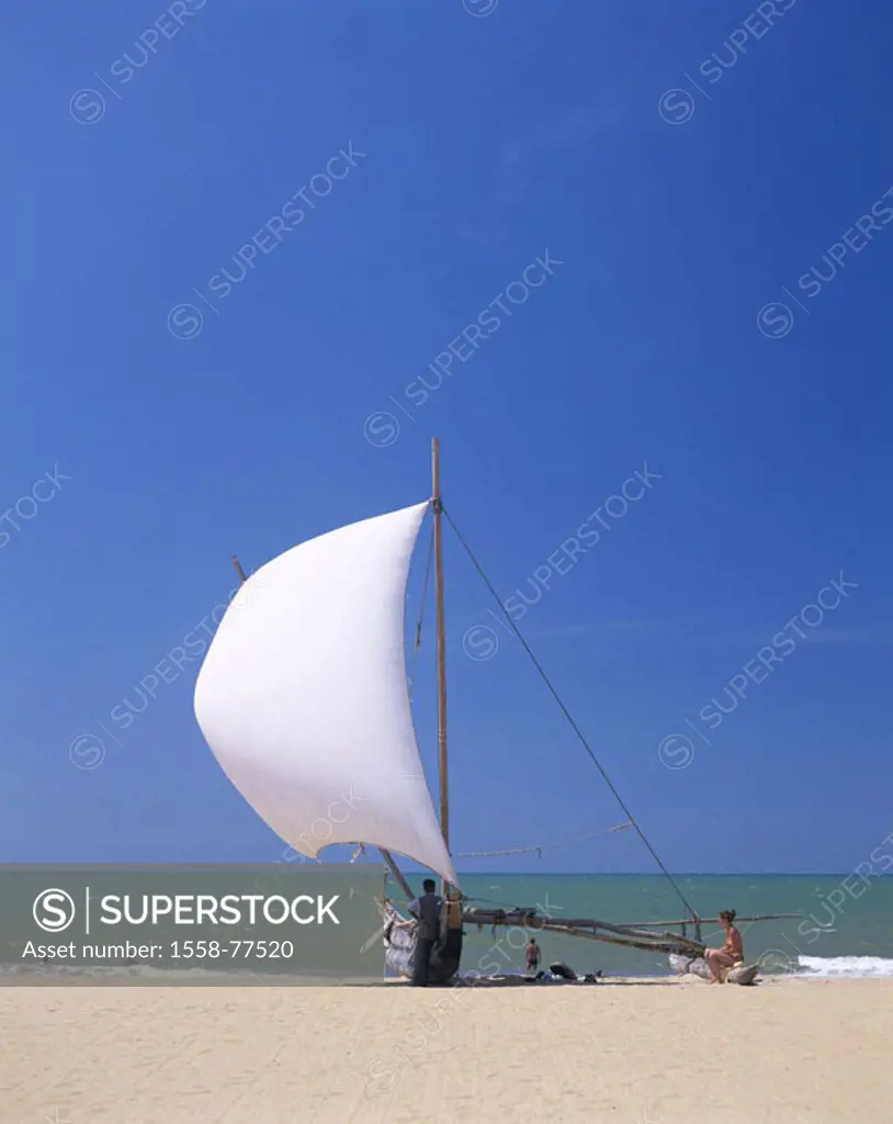 Sri Lanka, Negombo, sandy beach, Outrigger boat, swimmers,  Asia, South Asia, island, West coast, beach, beach, Boat, fisher boat, sailboat, tourists,...