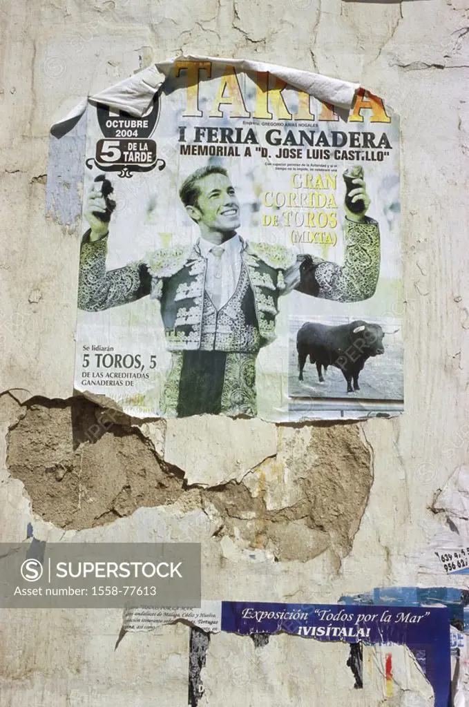 Spain, Andalusia, Costa of de la Luz,  Tarifa, house wall, detail, poster,  Bullfight Europe, Southern Europe, Iberian peninsula, old town, facade, fi...