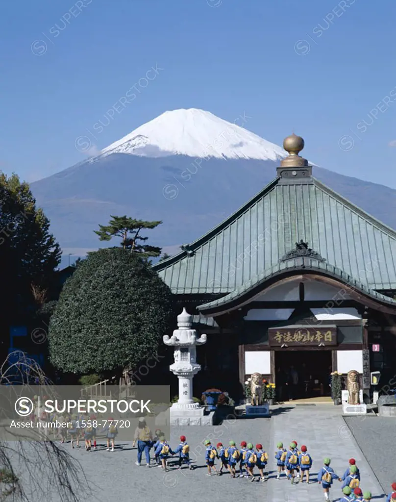 Japan, Honshu, Mount Fuji,  Temples, schoolchildren,  Asia, volcano, volcano cones, mountain, 3776 m, snow-covered, landmark, pagoda, destination, Stu...