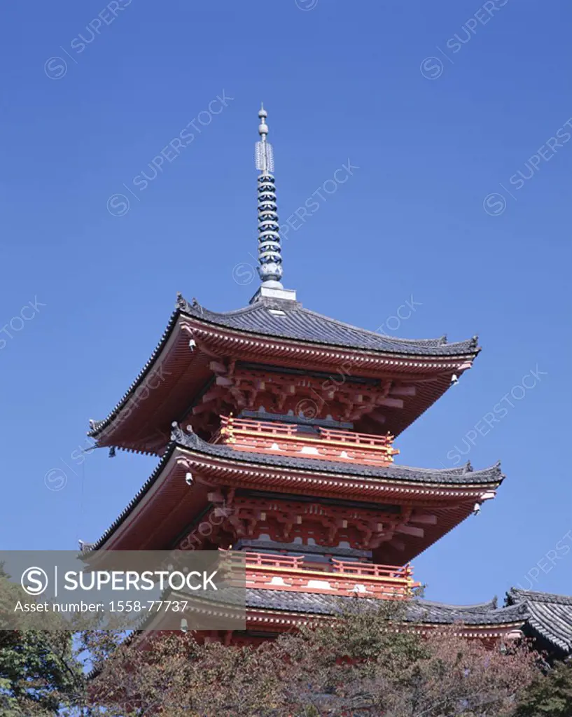 Japan, island Honshu, Kyoto, forest,  Rise, Kiyomizu temples, pagoda, Detail Asia, Kiyomizu-dera, Kiyomizu-Tempel, temple installation,  Tower, three-...