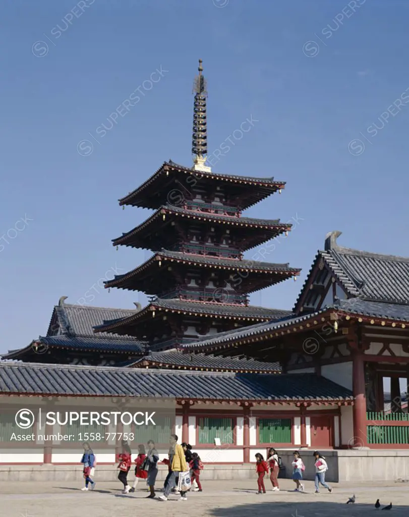 Japan, island Honshu, Osaka,  Shitennoji-Gempel, pagoda, visitors  Asia, Shitennojitempel, Tennoji-Tempel, Shitennoji, 593, architecture, established ...