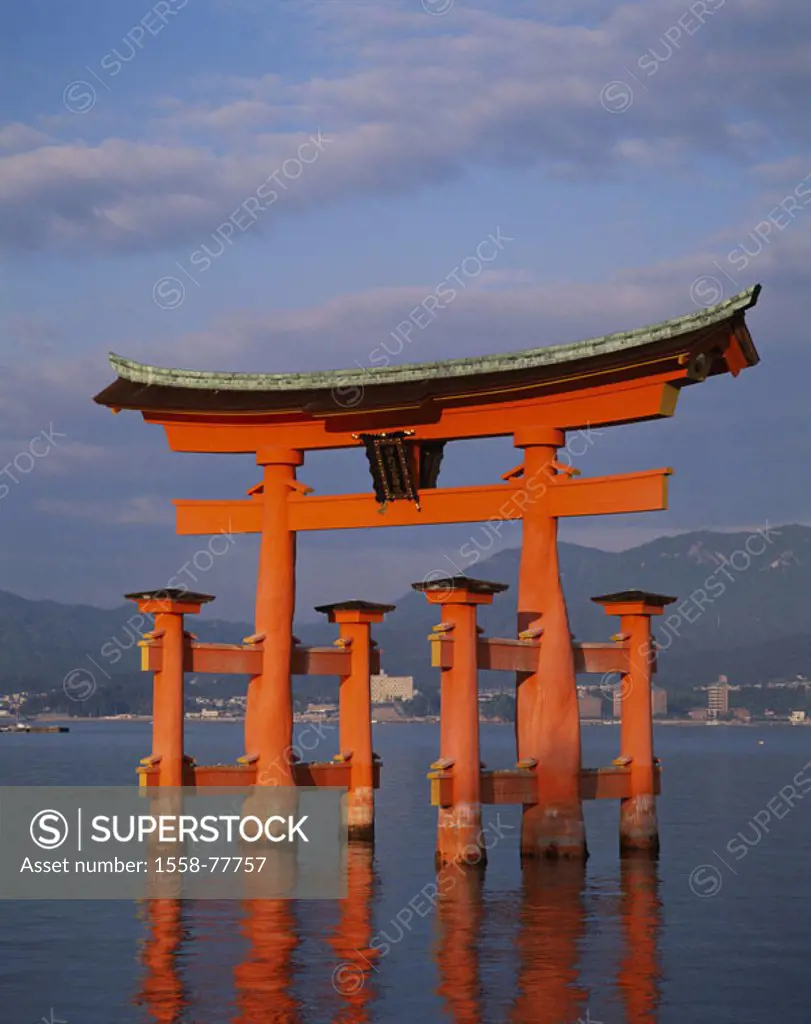 Japan, island Honshu, Miyajima,  Itsukushima Shrine, Torii,  Asia, view at the city, bay, Itsukushima shrine, gate,  red, camphor wood, 1875, Ryobu-St...