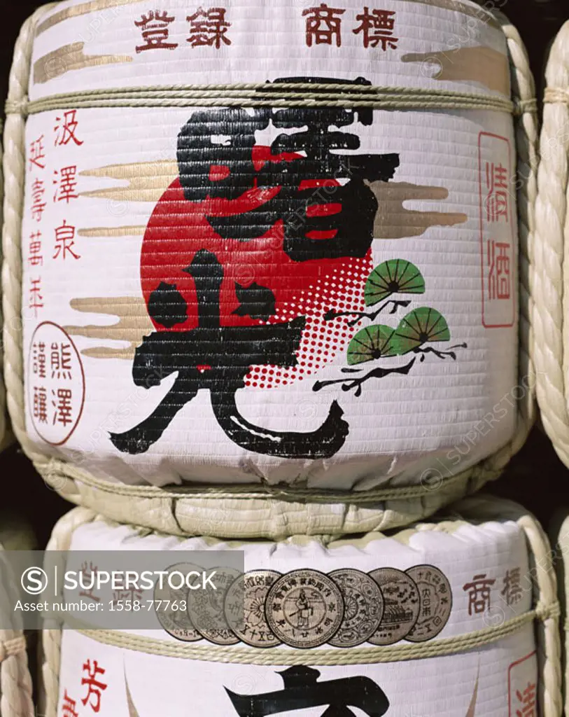 Japan, Sake-Fässer, detail, stacked   Asia, barrels, keg, characters, Japanese, Asian, Sake, rice wine, stack, alcohol, beverage, alcoholic, symbol, r...
