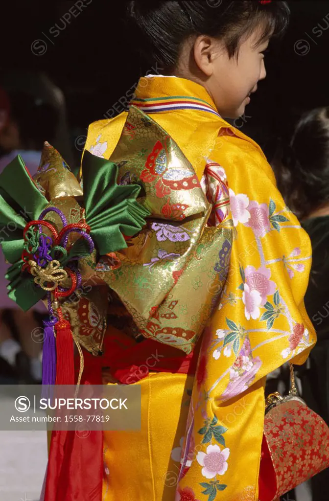 Japan, girls, kimono, yellow, sash ´Obi´, view from behind,  Asia, childhood, child, clothing, folklore clothing, folklore, holiday clothing, festivel...