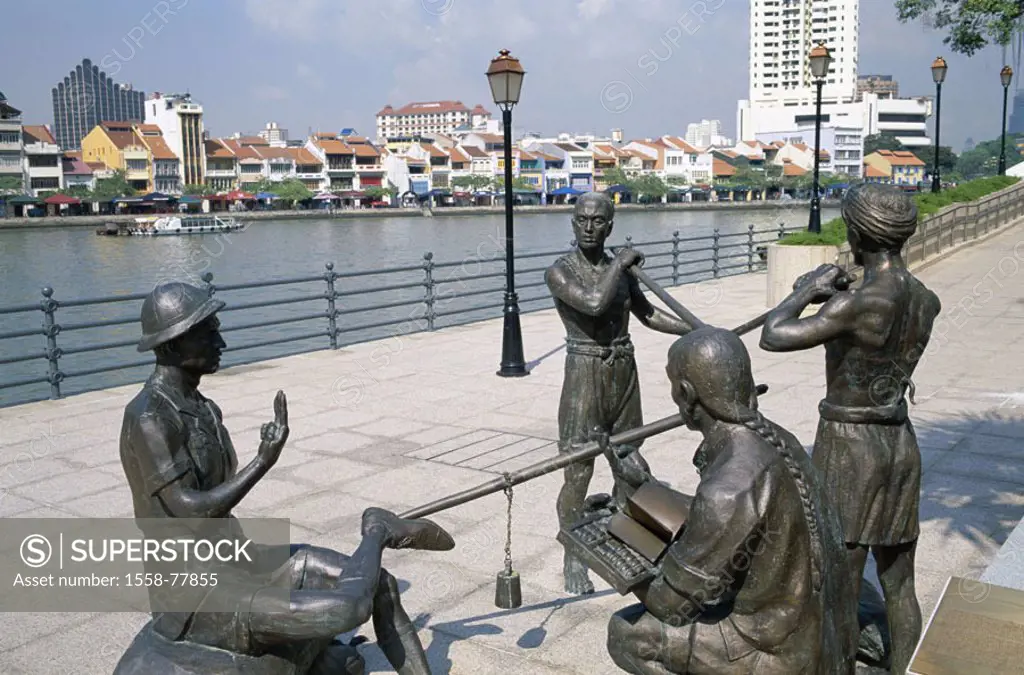 Singapore, Singapore city, River Walk, Bronze statues ´A Great emporium´ Artist Malcolm Koh Southeast Asia, city state, Republic of Singapore,  Monume...