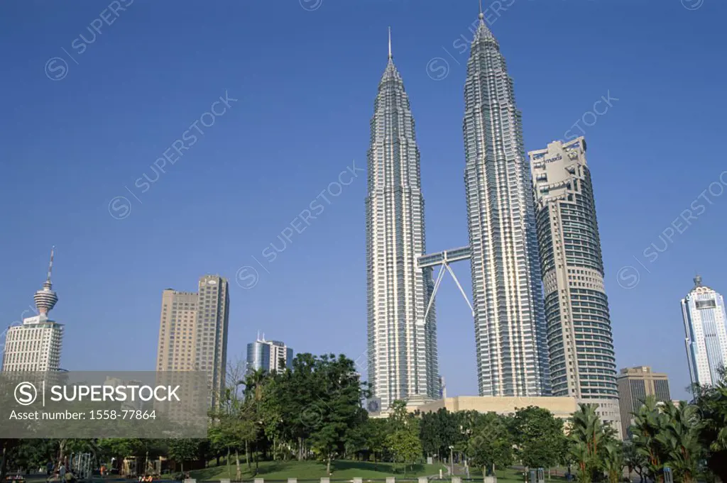 Malaysia, Kuala Lumpur, view at the city, Park, Petronas Twin towers,  Asia, southeast Asia, capital, city center, skyscrapers, skyscrapers, towers, t...