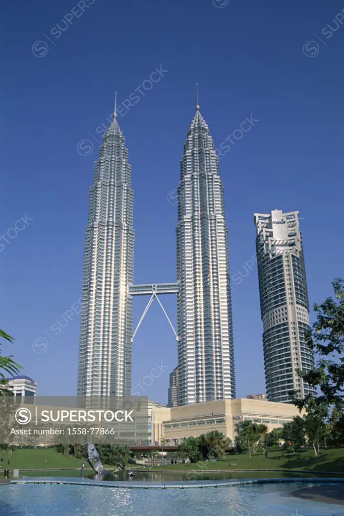 Malaysia, Kuala Lumpur, view at the city, Park, pond, Petronas Twin towers  Asia, southeast Asia, capital, city center, skyscrapers, skyscrapers, towe...