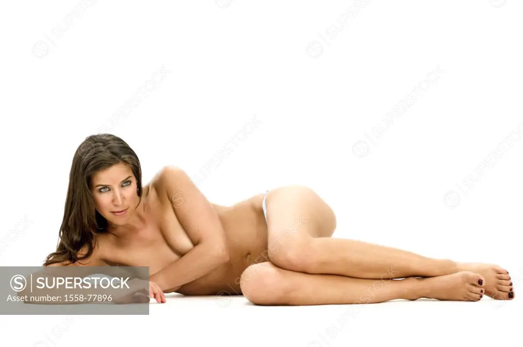Woman, young, upper bodies freely, lateral position   Series, 20-30 years, long-haired, brunette, made up, varnished discreetly, toenails, lie, on the...