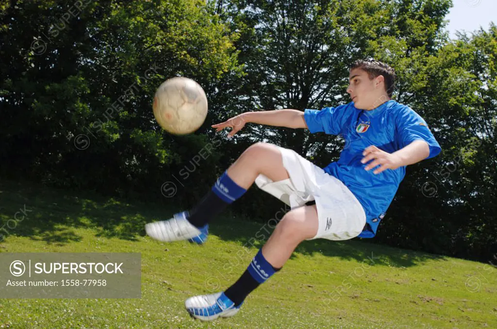 Meadow, soccer players, body use,  Ball  Series, teenager, man, young, 15-20 years, clothing, football clothing, jersey, football jersey, blue, hobby,...
