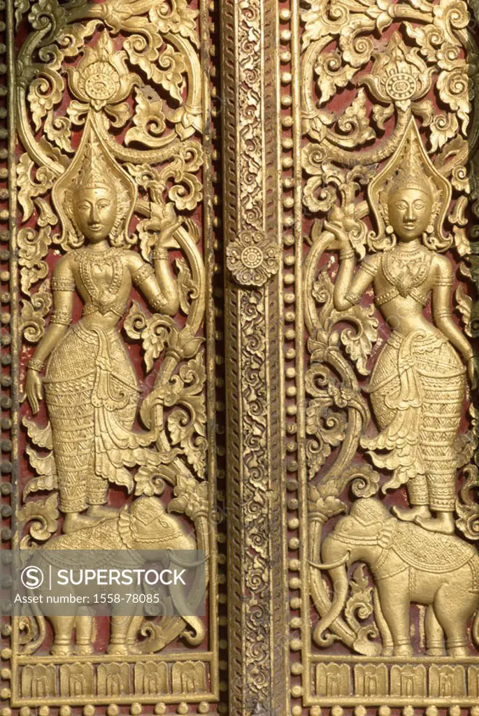 Laos, Luang Prabang, wade Xieng Thong,  Gate, detail, relief, golden, representations,  Goddess, elephants, Asia, southeast Asia, rear India, temples,...