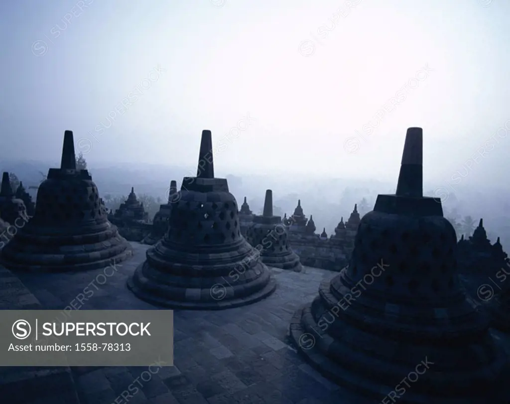 Indonesia, Java, Borobudur temples, Detail, Stupas, back light  Big Sundainseln, island, temple installation, step pyramid, construction, architecture...