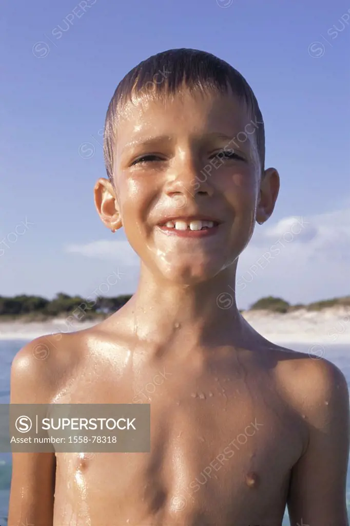 Beach, child, boy, wet, smiling,  Portrait, sea, summer  Spain, vacation, vacation, summer vacation, bath vacation, leisure time, 8 years, cheerfully,...