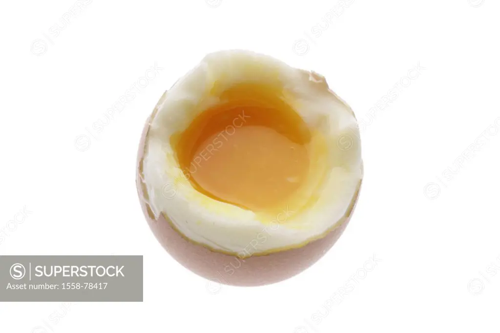 Frühstücksei, opened, yolk   Food, soft egg, hen´s egg, eggshell, protein, beheaded roughly, yolk soft, wax-soft, concept, cooked fact reception break...
