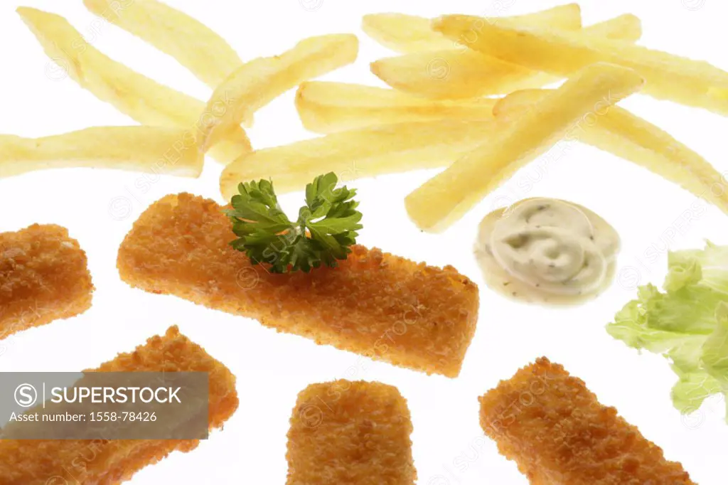 Fish small rods, french frying,  Remoulade, detail,  Food, profoundly cool food, vorfrittiert, fish, fish piece, fish fingers, breading, pan farewell,...