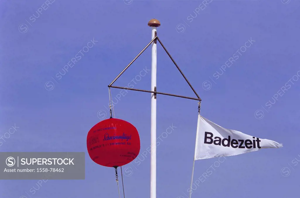 Coast, flagpole, pennants,  Bath time, signs, ball, red,  ´Baden allowed´  Northern Germany, Germany, Schleswig-Holstein, North sea, Sylt, island, sta...