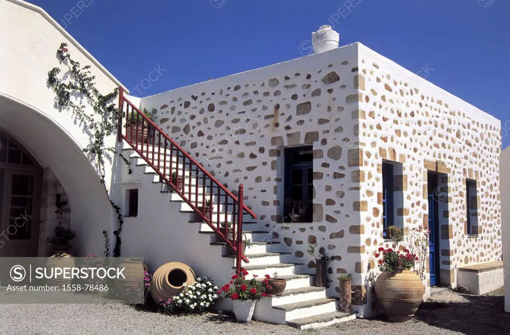 Greece, Rhodes, Kolymbia,  House, stairway, Tongefäße, flowers,   Mediterranean island, Dodekanes, southern Sporaden, island, place, Kolimbia, residen...