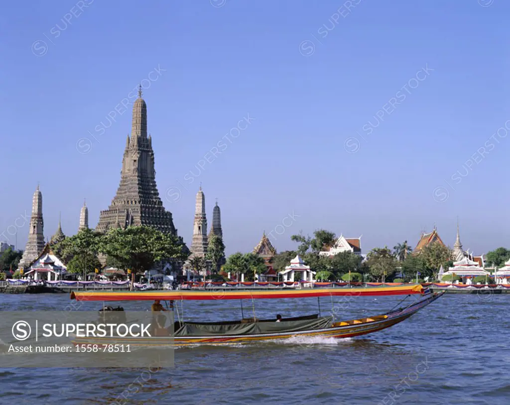 Thailand, Bangkok, wade Arun,  Chao Phraya river, trip boat,   Asia, southeast Asia, waters, boat, tourist boat, Gaze, temples of the morning redness,...